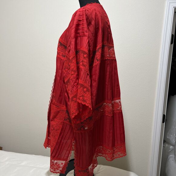 Swim Coverup Red Cutout Lace Embroidered Boho Beach Resort Wear Poolside - Picture 2 of 16